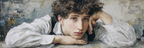 Kuenstlerisches Portraet Junge Mit Lockigem Haar Ruhend Haende Unter Kinn | Fine Art und Malerei | Kunstgattungen