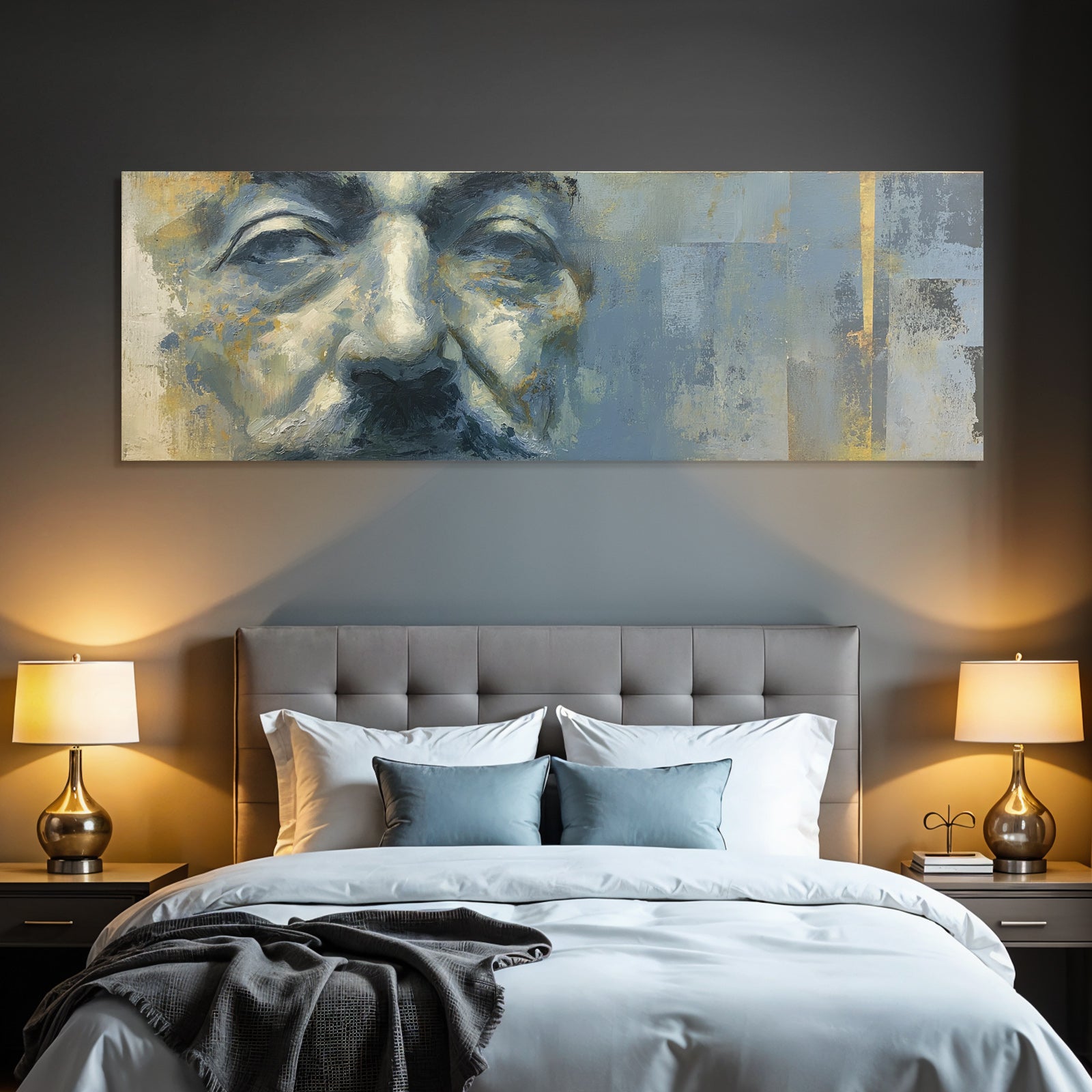 Nahe Portraet Mit Blau Gruen Toenen Gold Brushtrokes Introspektiv