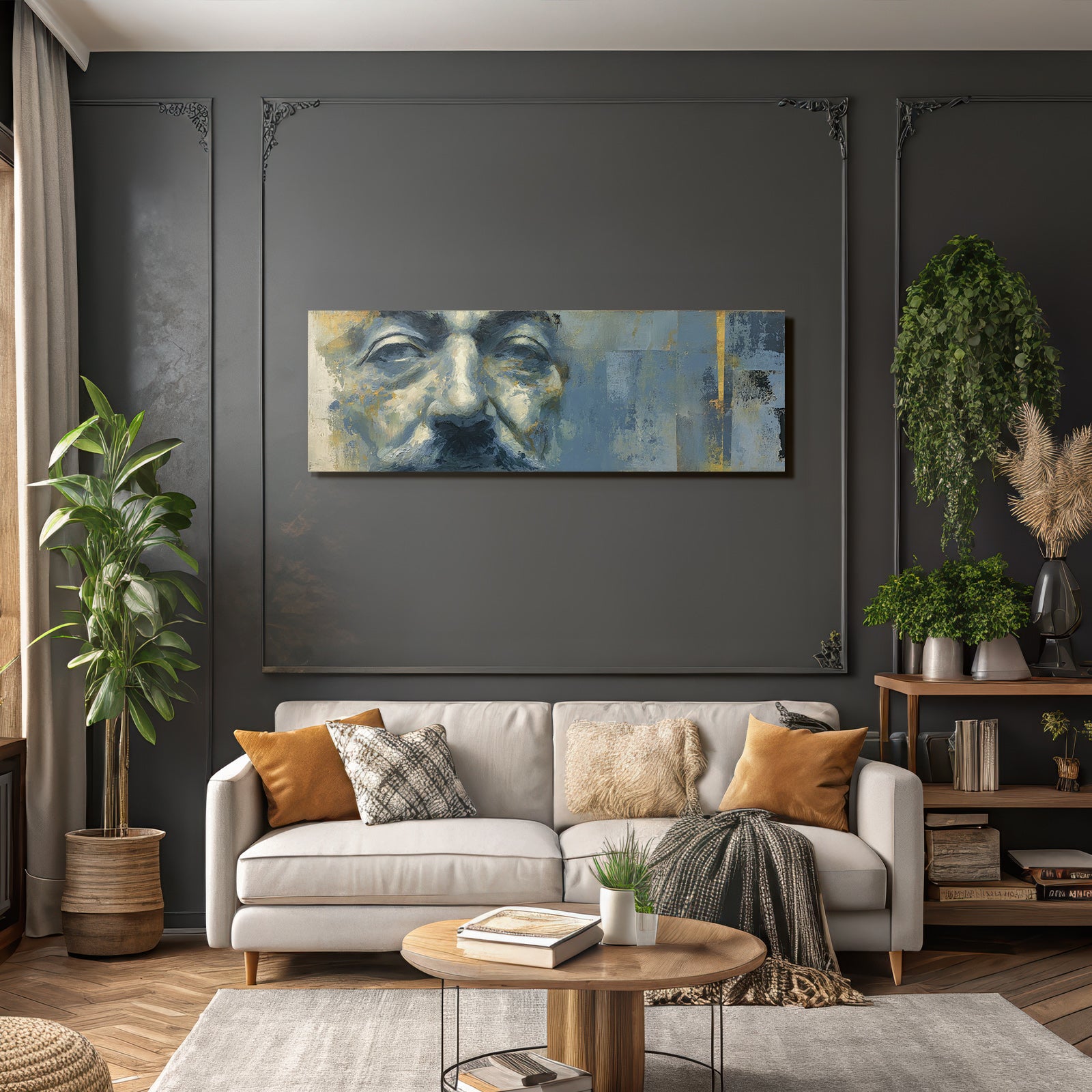 Nahe Portraet Mit Blau Gruen Toenen Gold Brushtrokes Introspektiv