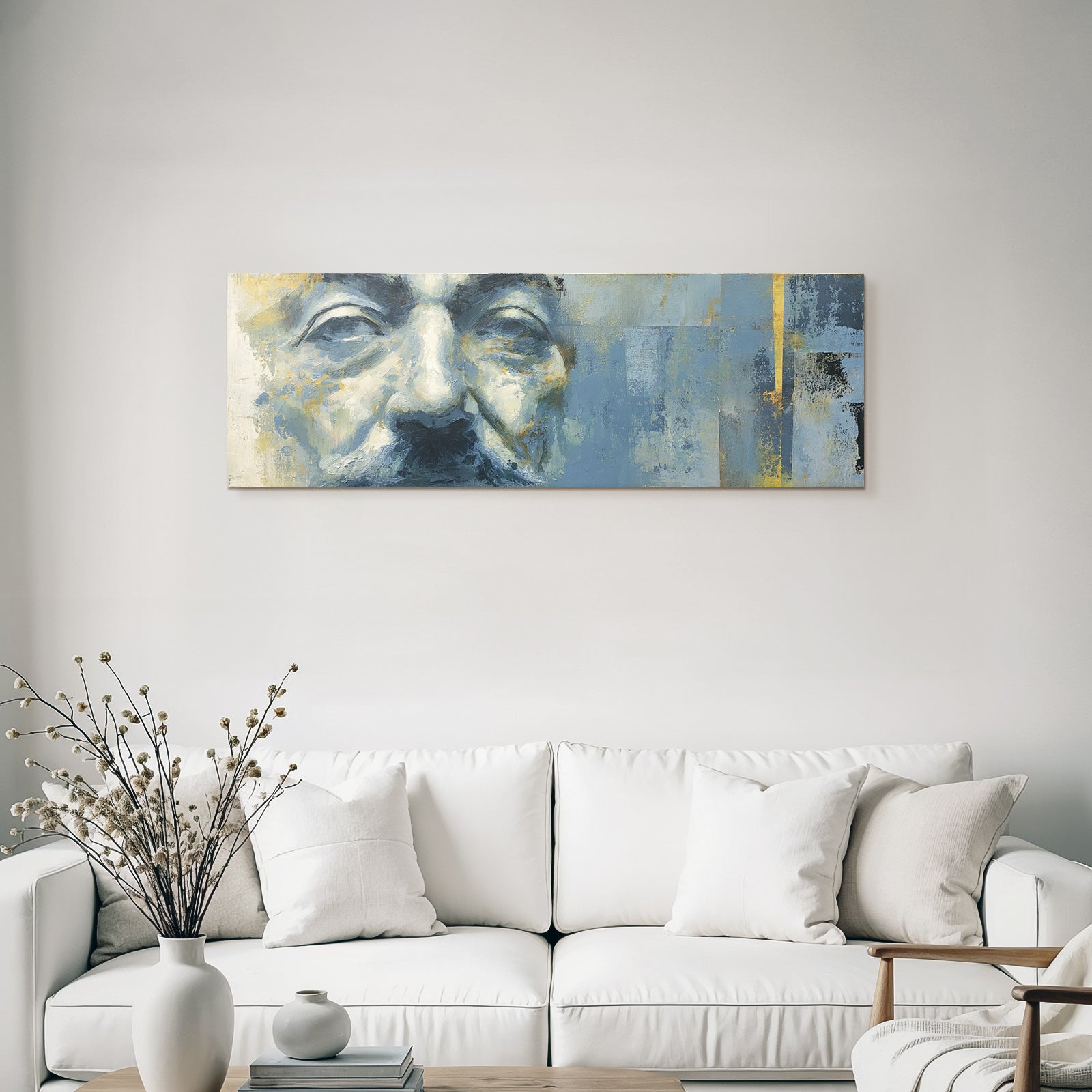 Nahe Portraet Mit Blau Gruen Toenen Gold Brushtrokes Introspektiv