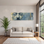 Nahe Portraet Mit Blau Gruen Toenen Gold Brushtrokes Introspektiv