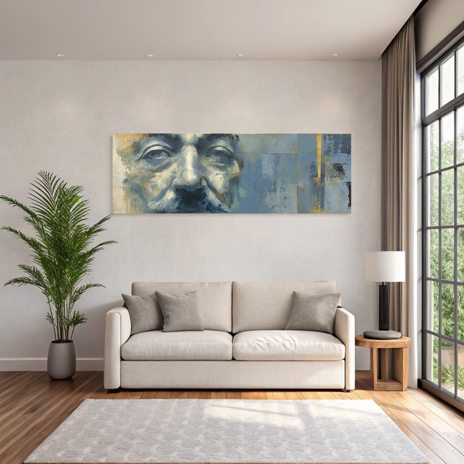 Nahe Portraet Mit Blau Gruen Toenen Gold Brushtrokes Introspektiv