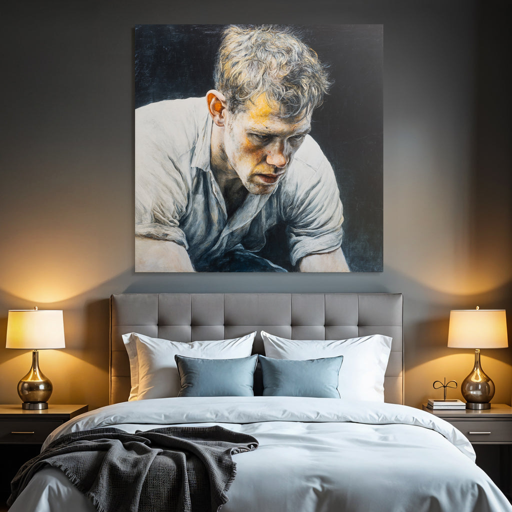 Intensiver Portrait Eines Mannes Mit Tousliertem Haar Und Dunklem Hintergrund