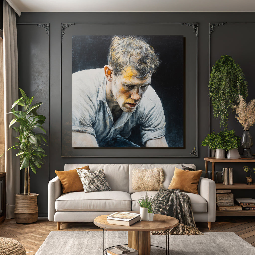 Intensiver Portrait Eines Mannes Mit Tousliertem Haar Und Dunklem Hintergrund