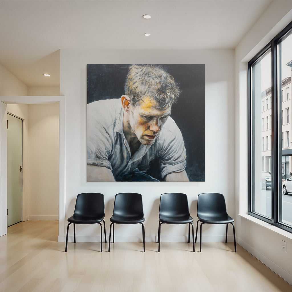 Intensiver Portrait Eines Mannes Mit Tousliertem Haar Und Dunklem Hintergrund