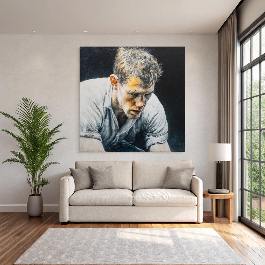 Intensiver Portrait Eines Mannes Mit Tousliertem Haar Und Dunklem Hintergrund