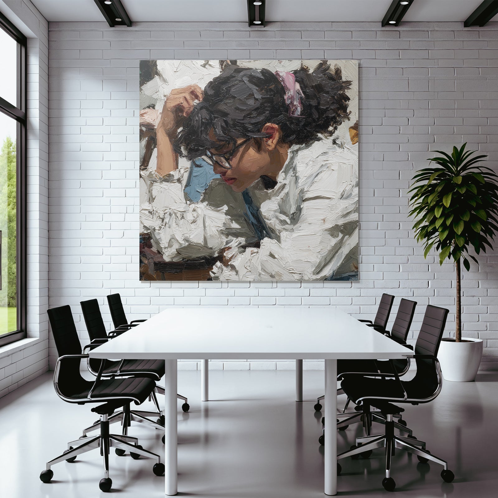 Junge Frau Mit Locken Und Brille Nachdenklich Pozierend