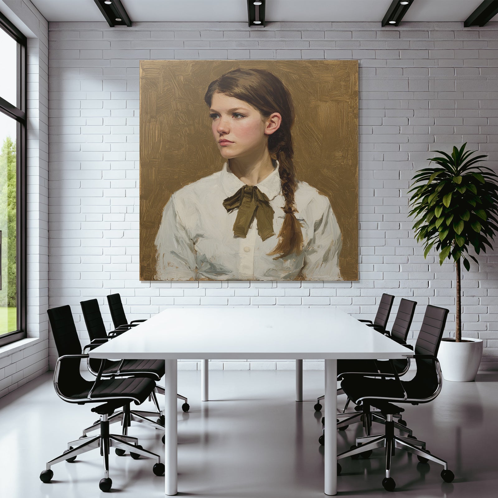 Junges Frau Portrait Braided Hair Weisses Shirt Bowtie Brauner Hintergrund Realismus