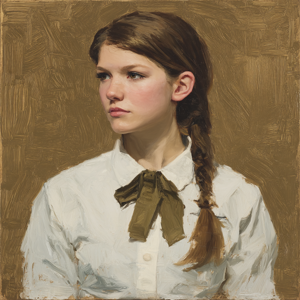 Junges Frau Portrait Braided Hair Weisses Shirt Bowtie Brauner Hintergrund Realismus | Fine Art und Malerei | Kunstgattungen