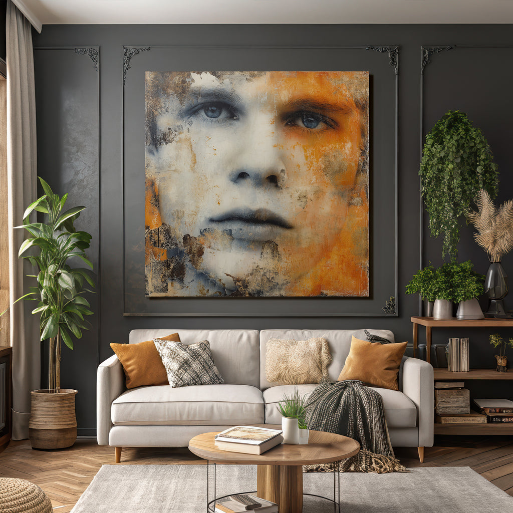 Kuenstlerische Portraet Mit Gesicht In Orange Toenen Und Texturen