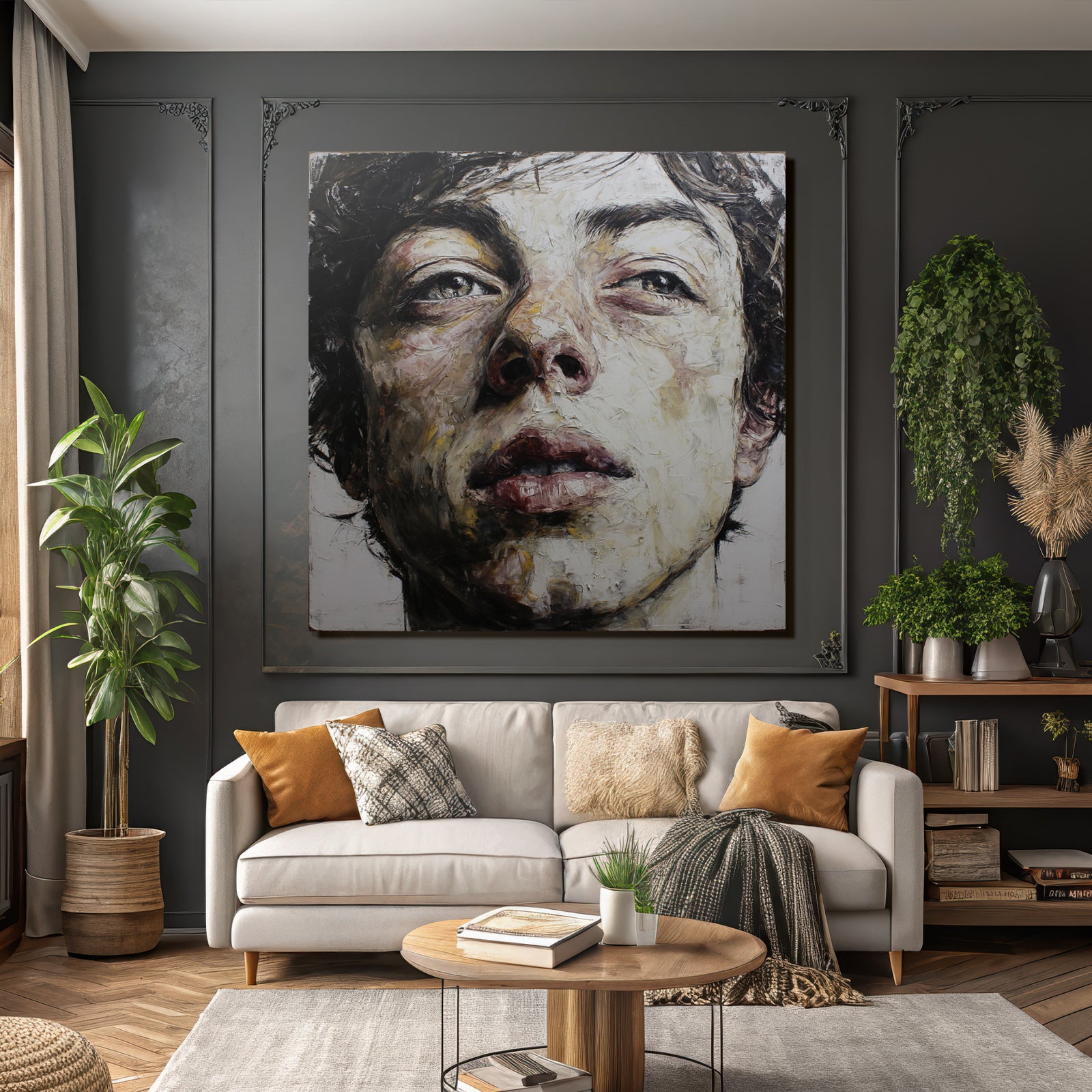 Naheaufnahme Portraet Mit Expressiven Gesichtszuegen.texturnahe Malerei