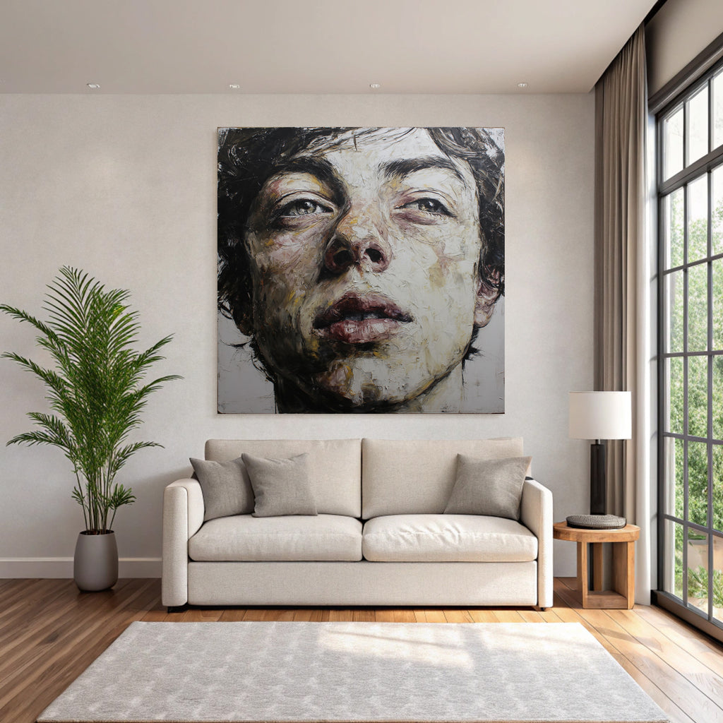 Naheaufnahme Portraet Mit Expressiven Gesichtszuegen.texturnahe Malerei