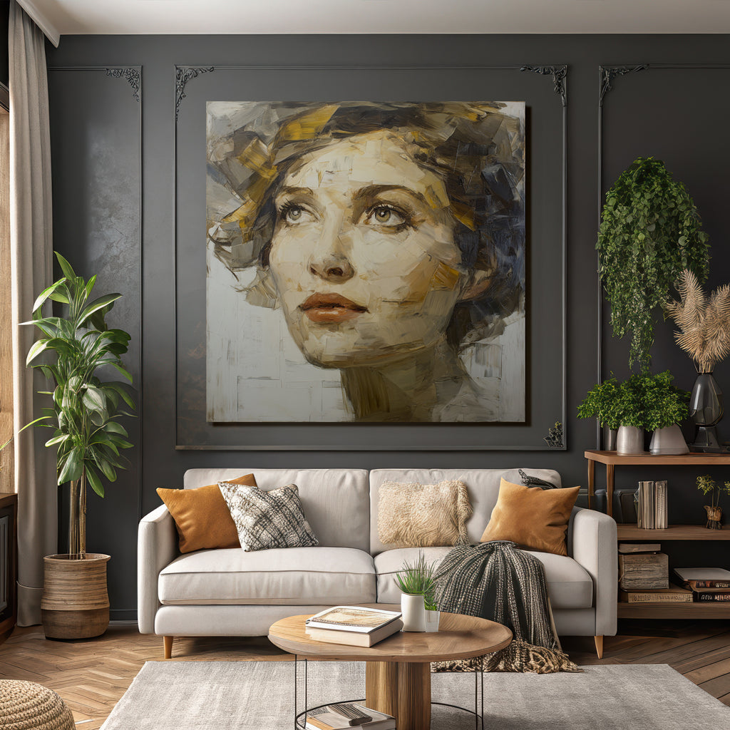 Portrait Mit Frau Nachdenklich Malstil Bold Striche Farbpalette