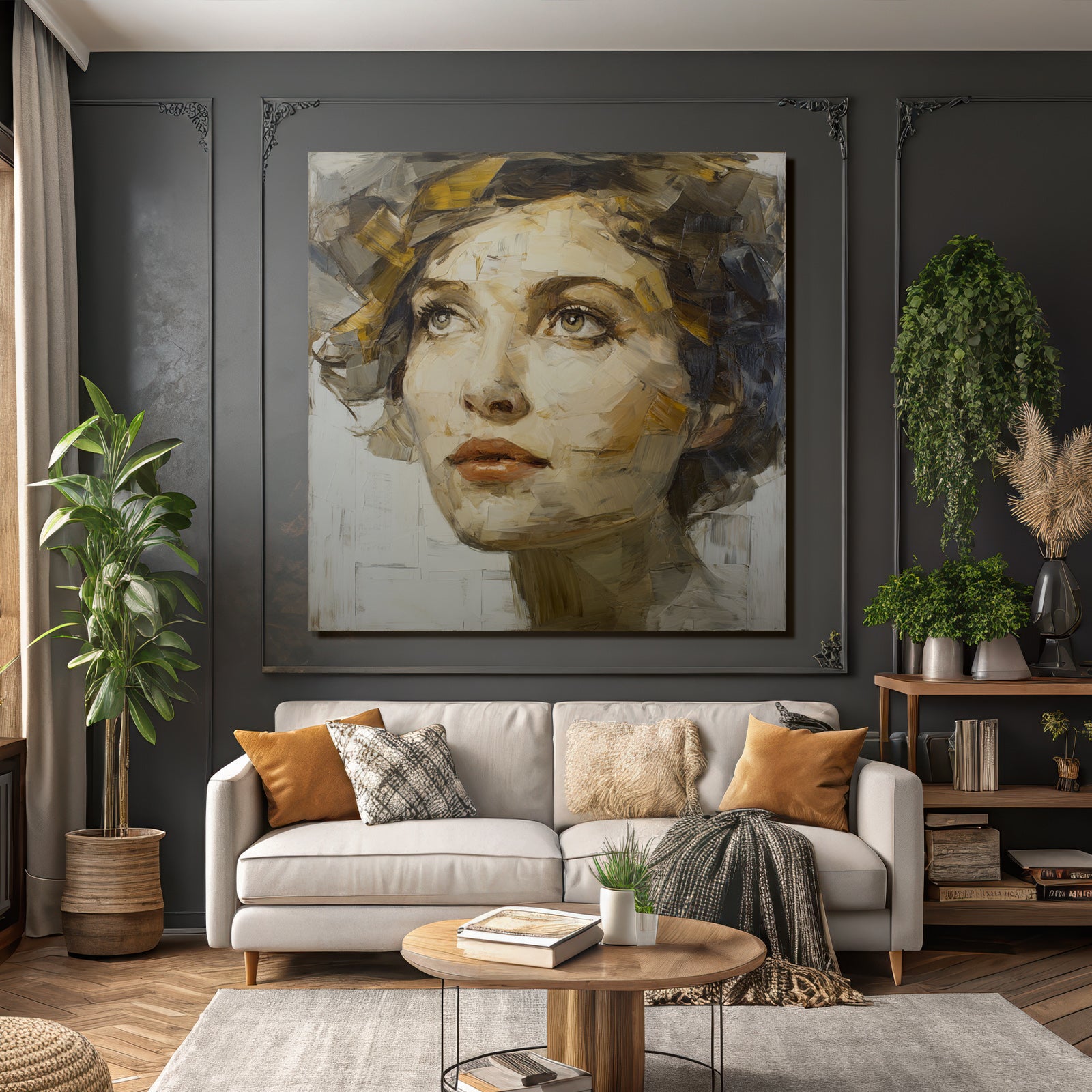Portrait Mit Frau Nachdenklich Malstil Bold Striche Farbpalette