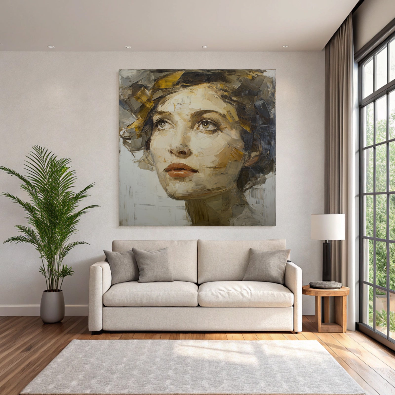Portrait Mit Frau Nachdenklich Malstil Bold Striche Farbpalette