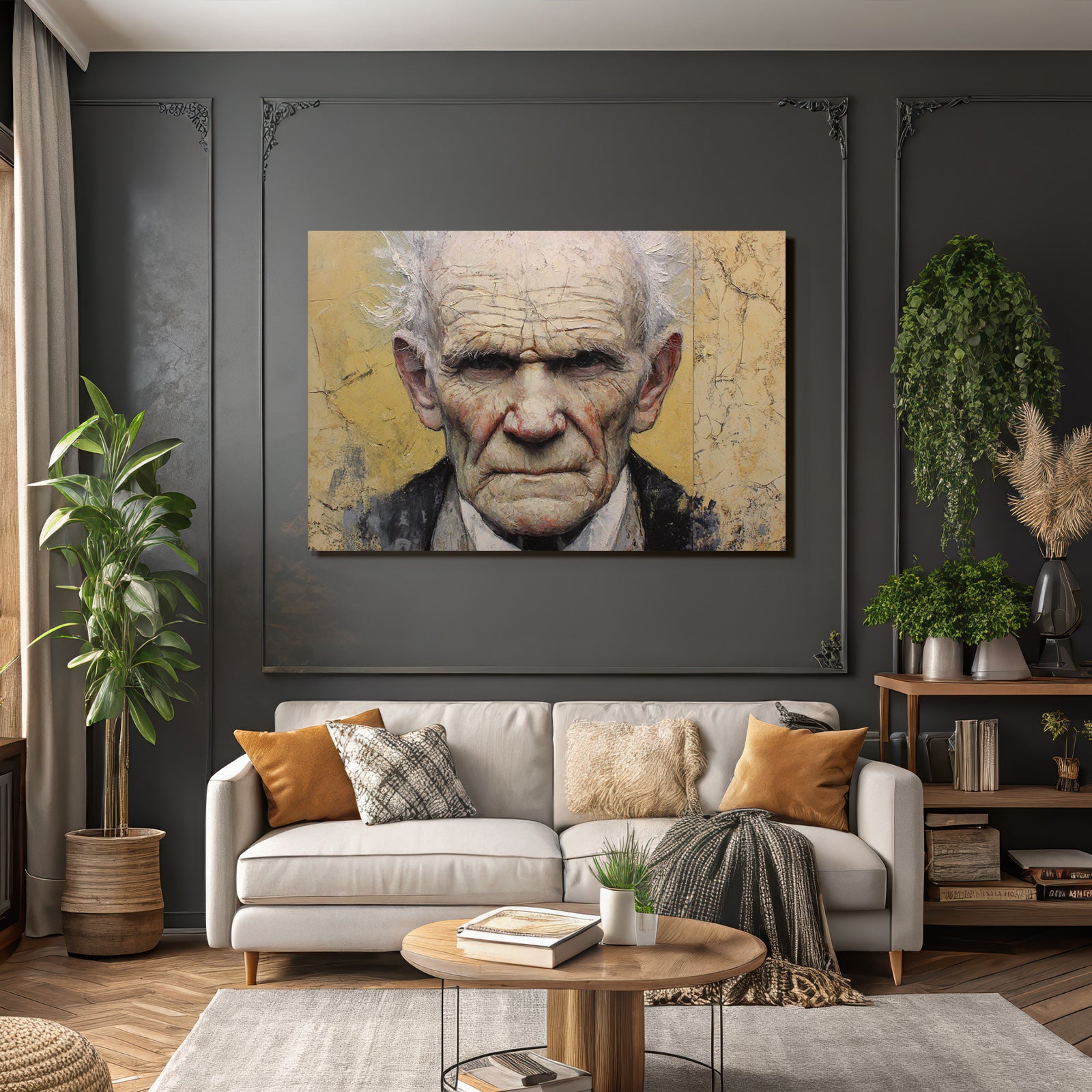 Aelterer Mann Portrait Mit Warmem Hintergrund