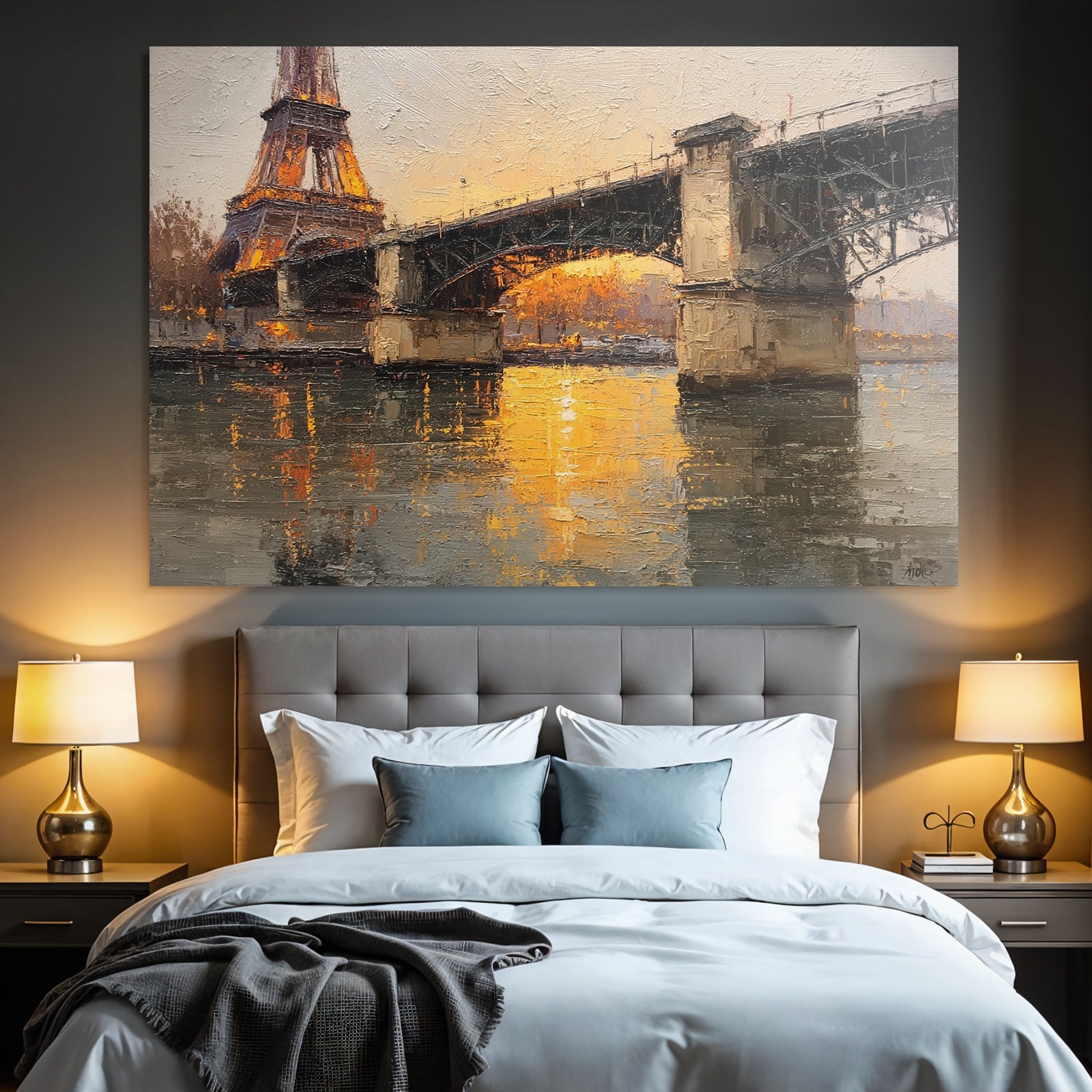 Eiffel Turm Bruecke Wasser Sonnenuntergang Impressionistische Malerei