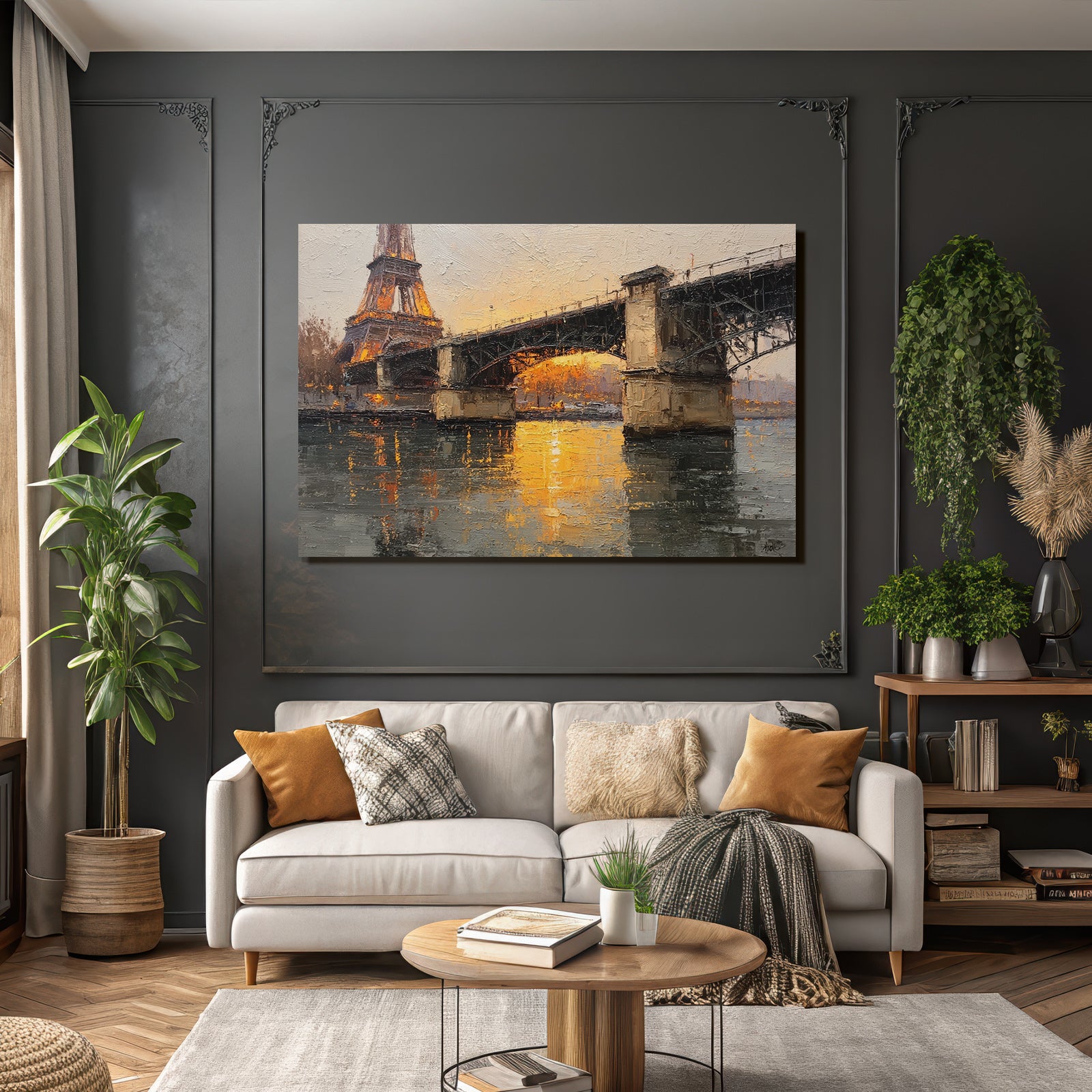Eiffel Turm Bruecke Wasser Sonnenuntergang Impressionistische Malerei