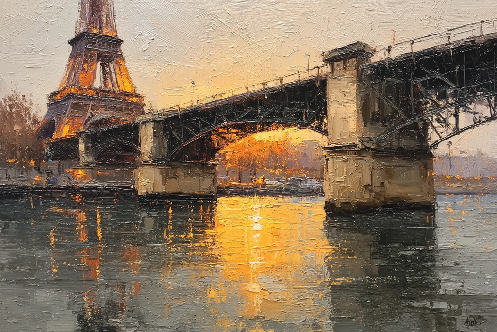 Eiffel Turm Bruecke Wasser Sonnenuntergang Impressionistische Malerei | Fine Art und Malerei | Kunstgattungen