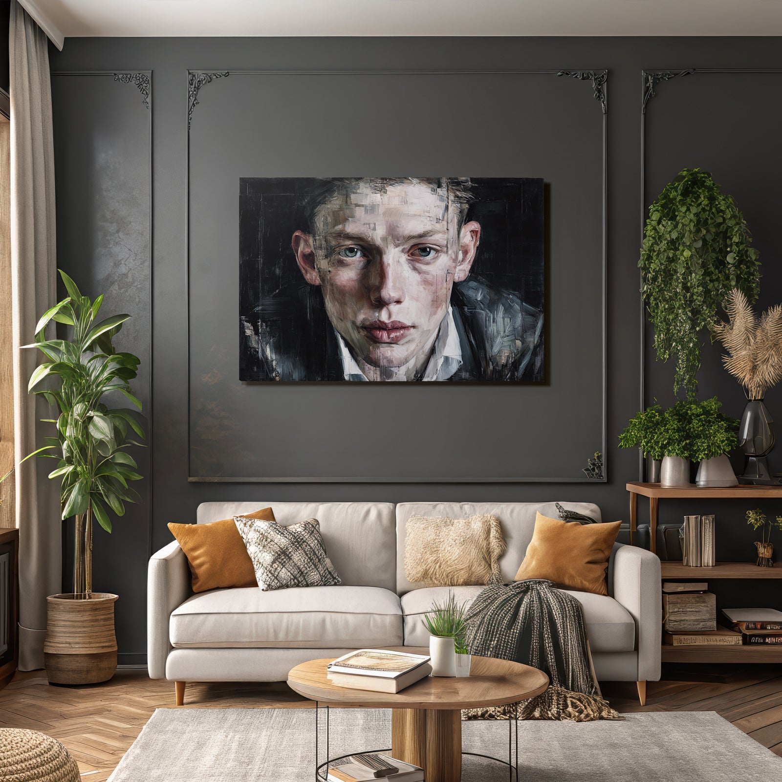 Fragmentierte Portraet Mit Intensiven Augen Und Dunklem Hintergrund