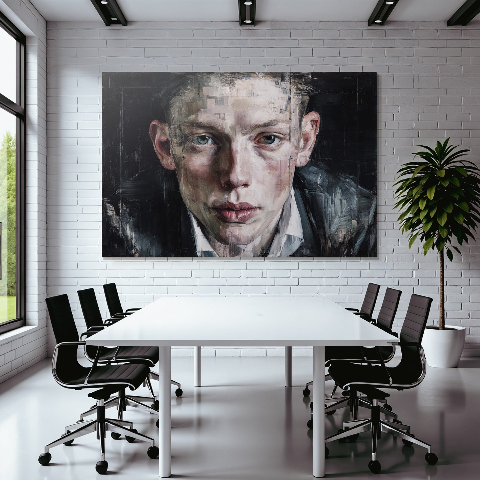 Fragmentierte Portraet Mit Intensiven Augen Und Dunklem Hintergrund