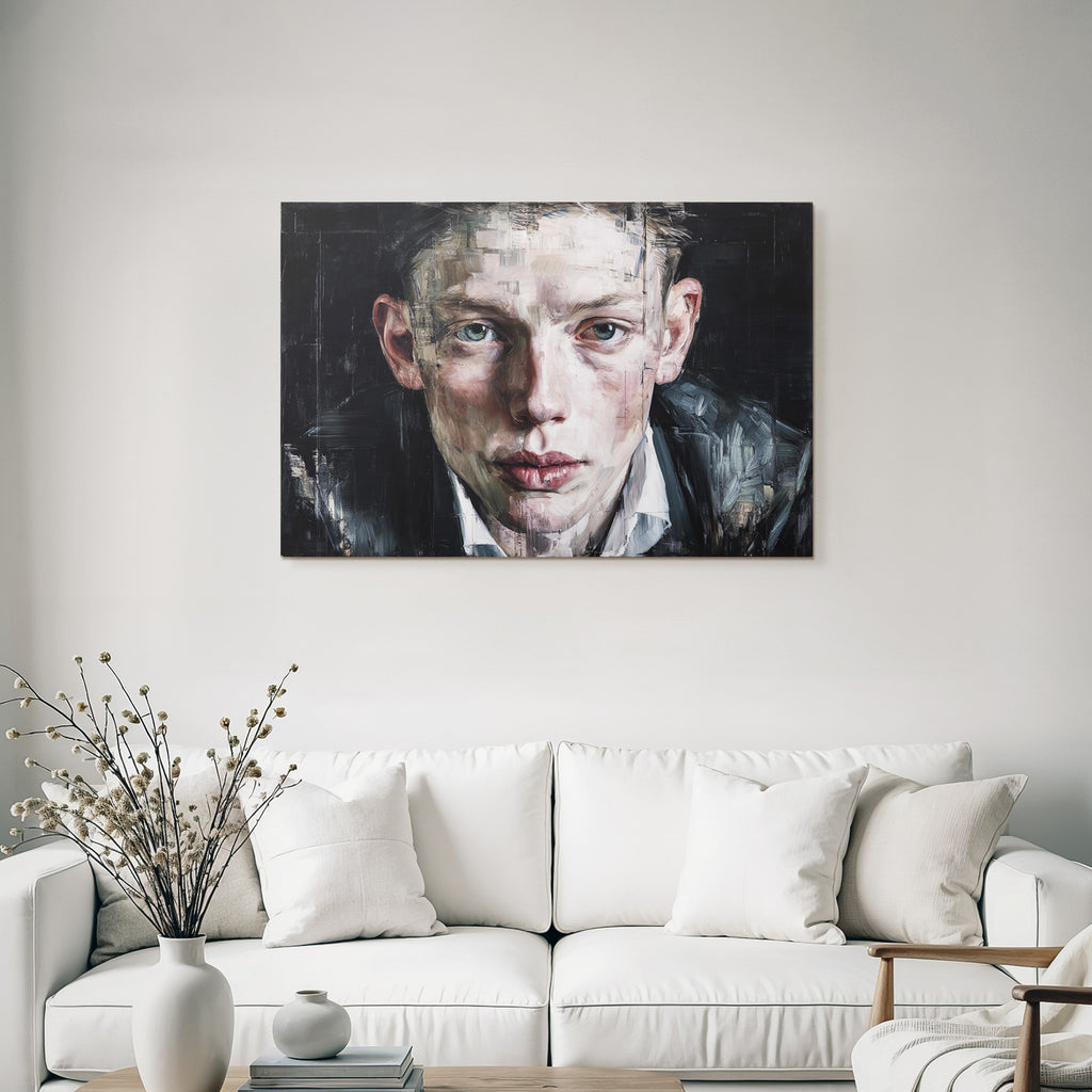 Fragmentierte Portraet Mit Intensiven Augen Und Dunklem Hintergrund