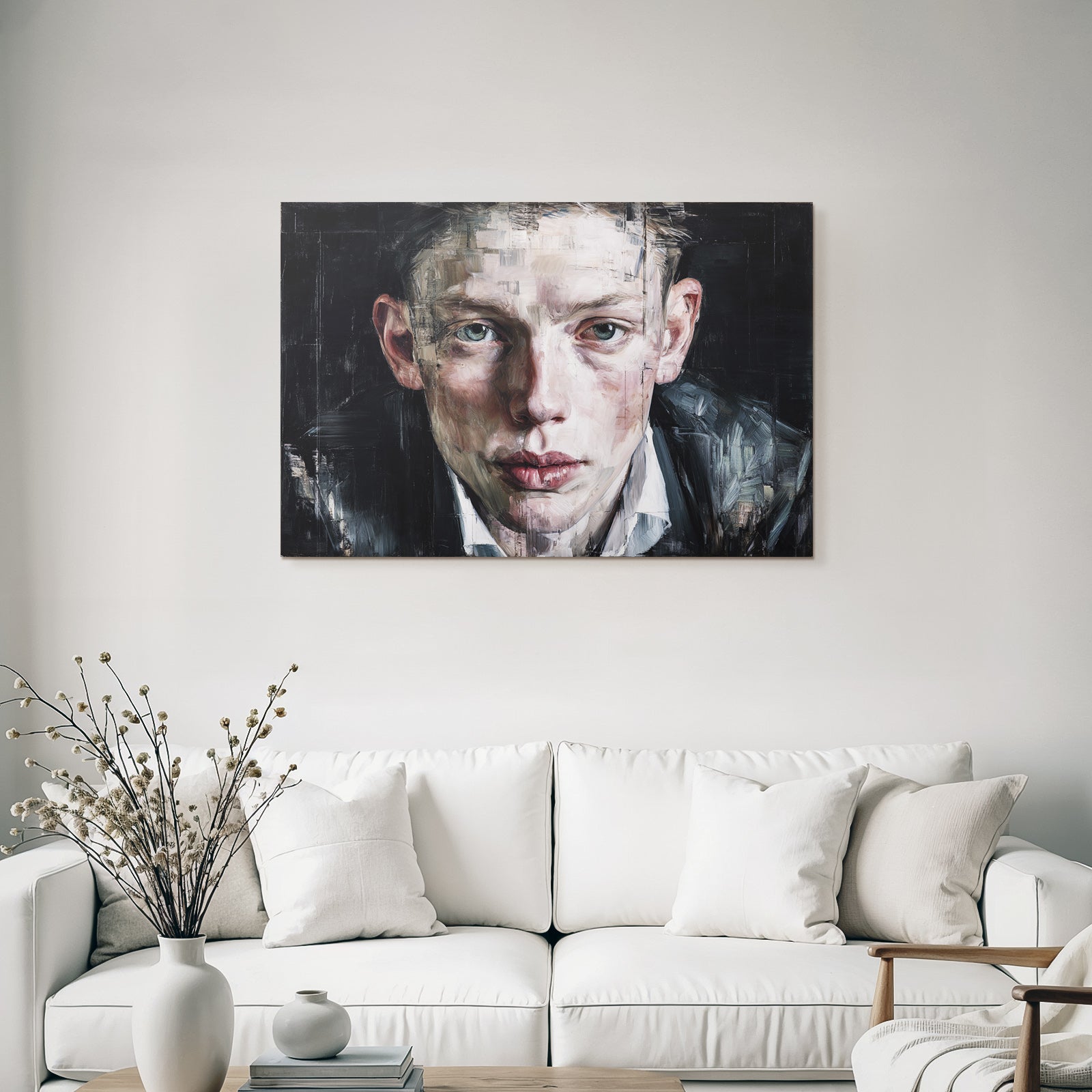 Fragmentierte Portraet Mit Intensiven Augen Und Dunklem Hintergrund