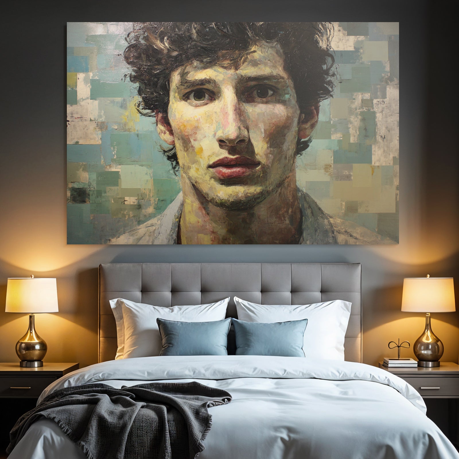 Junger Mann Mit Lockigem Haar Portrait Mit Texturiertem Hintergrund