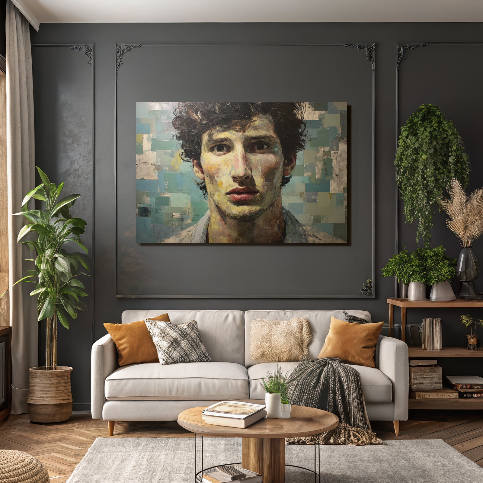 Junger Mann Mit Lockigem Haar Portrait Mit Texturiertem Hintergrund