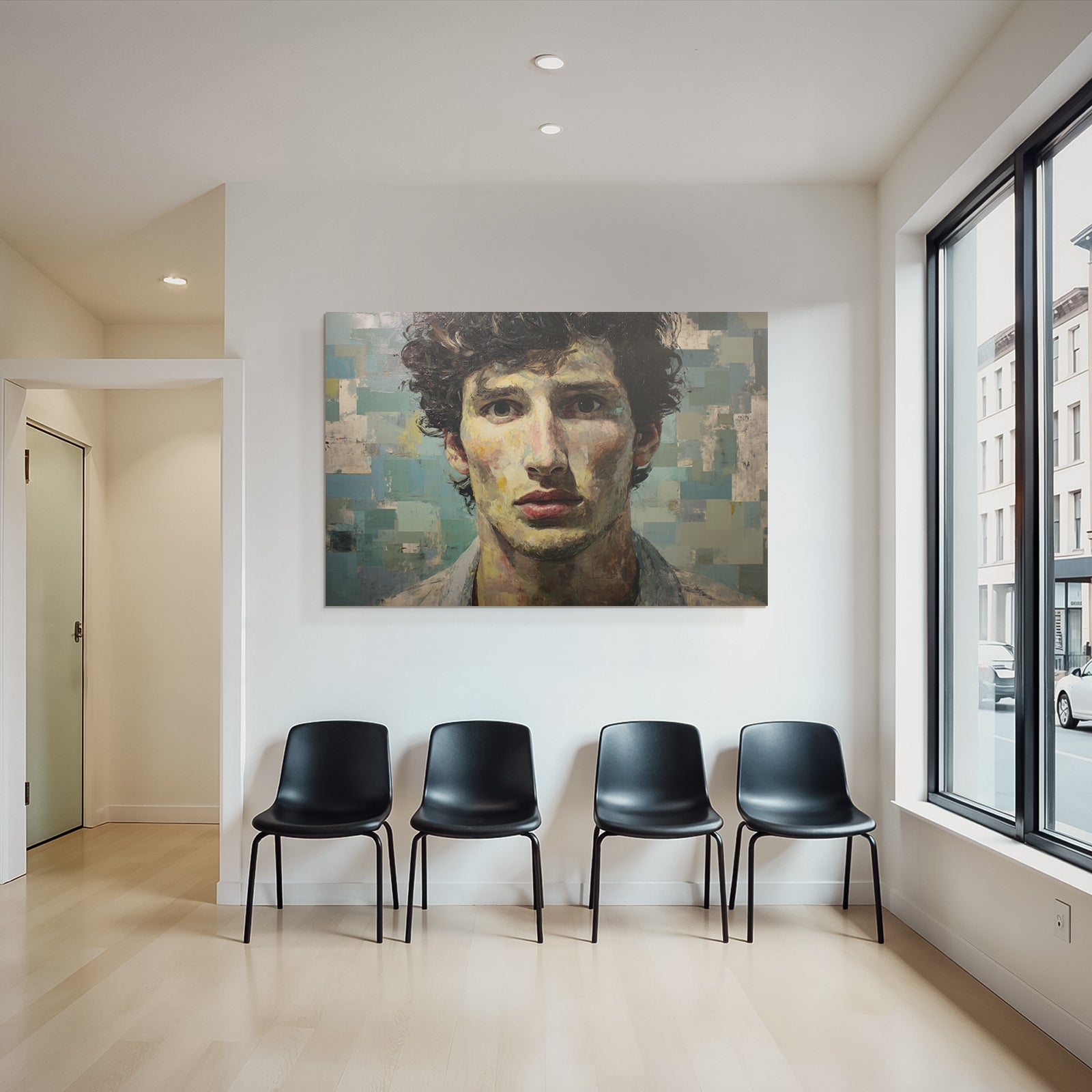 Junger Mann Mit Lockigem Haar Portrait Mit Texturiertem Hintergrund