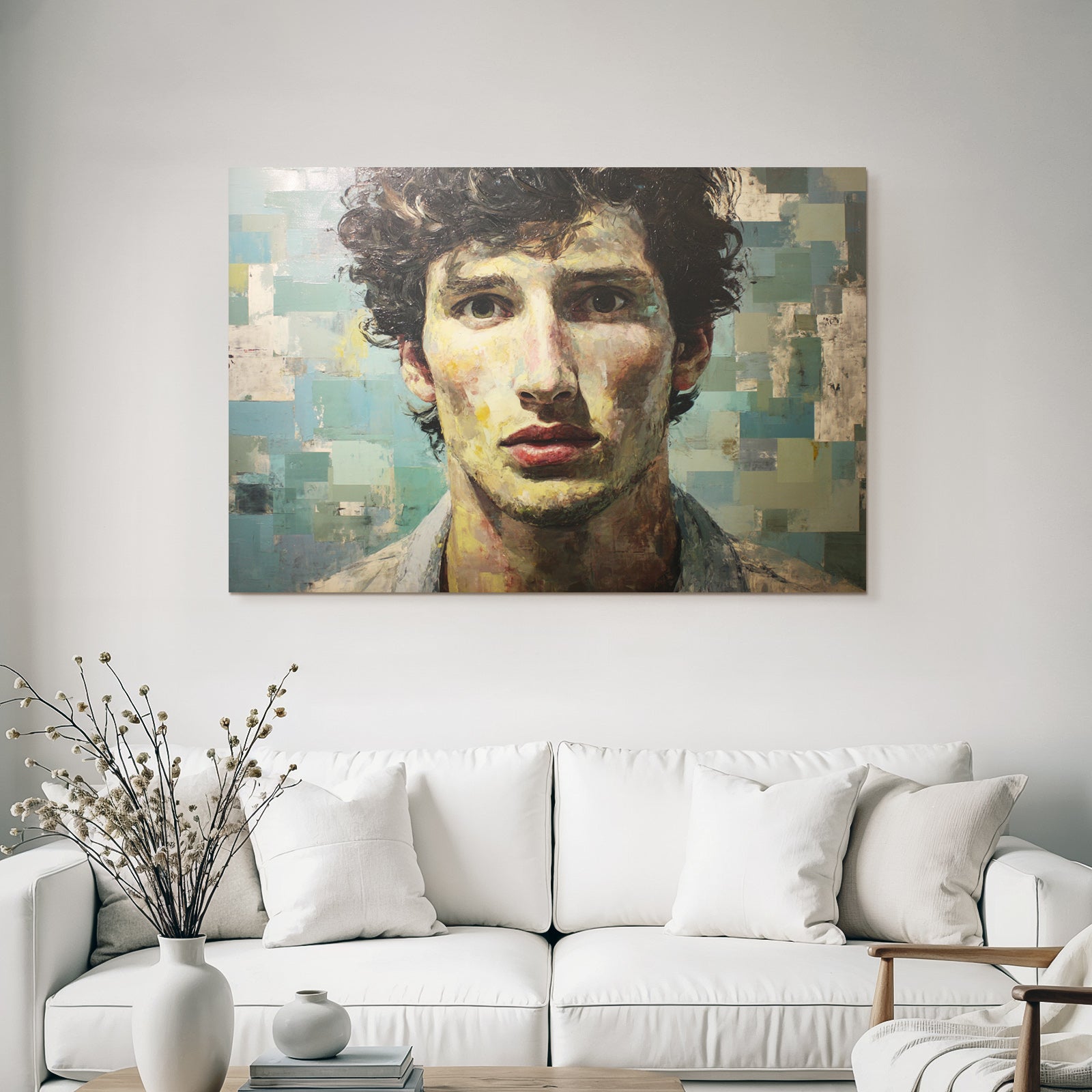 Junger Mann Mit Lockigem Haar Portrait Mit Texturiertem Hintergrund