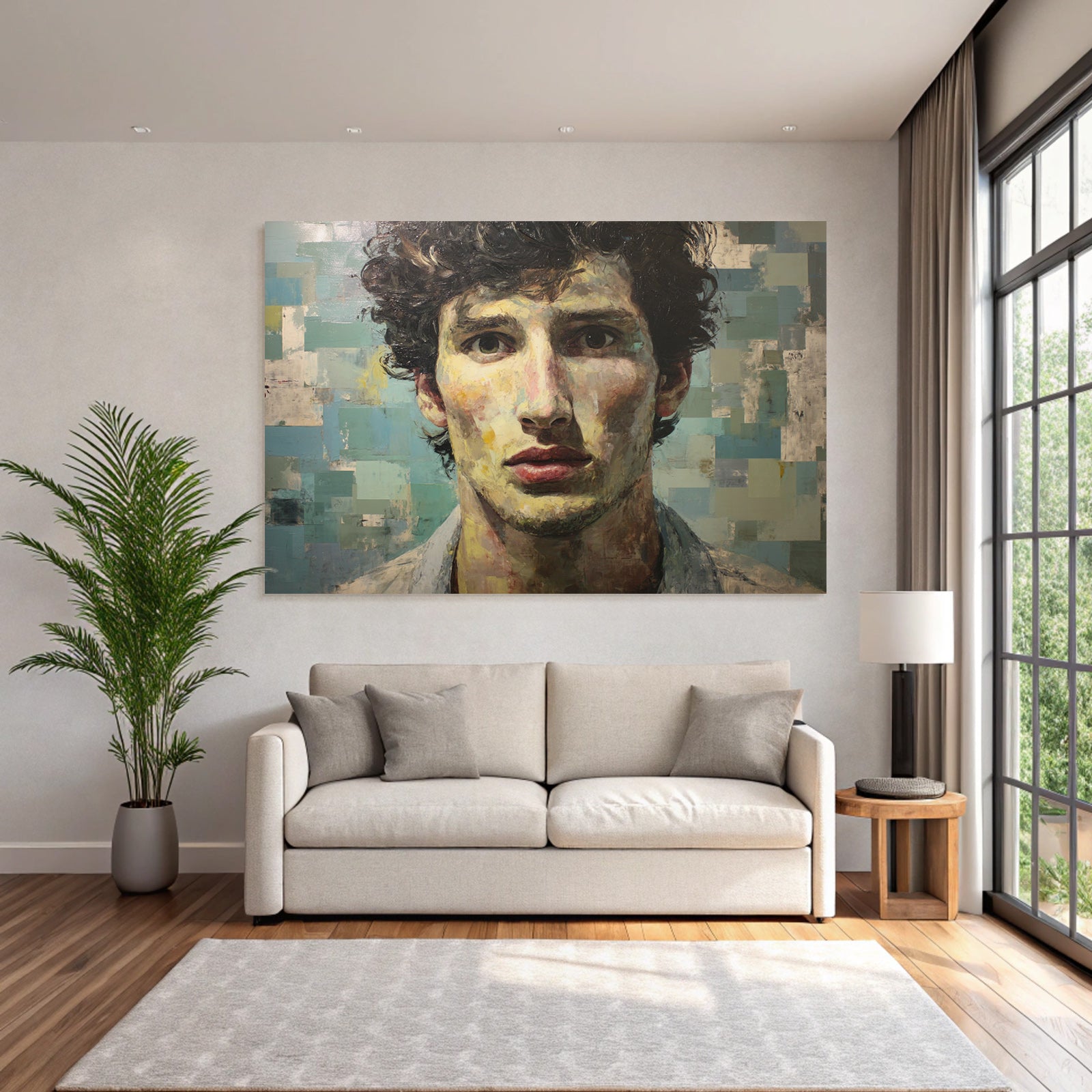 Junger Mann Mit Lockigem Haar Portrait Mit Texturiertem Hintergrund