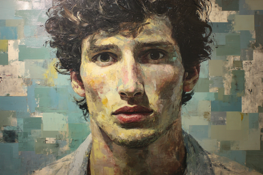 Junger Mann Mit Lockigem Haar Portrait Mit Texturiertem Hintergrund | Fine Art und Malerei | Kunstgattungen
