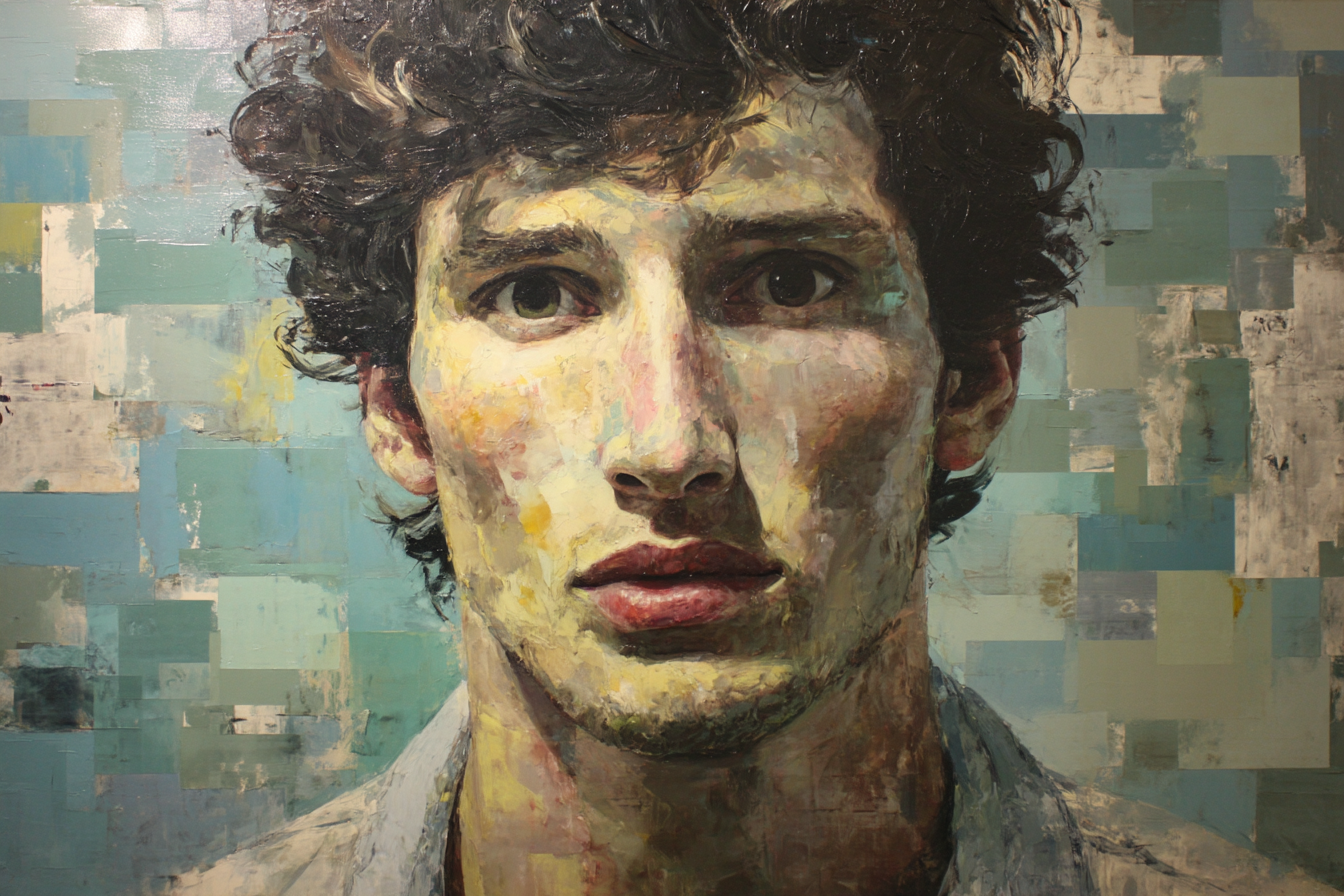 Junger Mann Mit Lockigem Haar Portrait Mit Texturiertem Hintergrund | Fine Art und Malerei | Kunstgattungen
