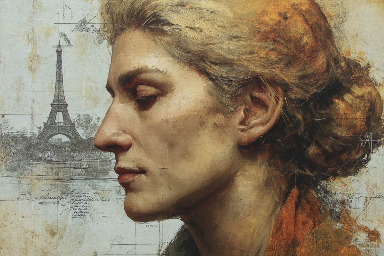 Kuenstlerisches Portraet Einer Frau Im Profil Mit Eiffelturm Hintergrund | Fine Art und Malerei | Kunstgattungen