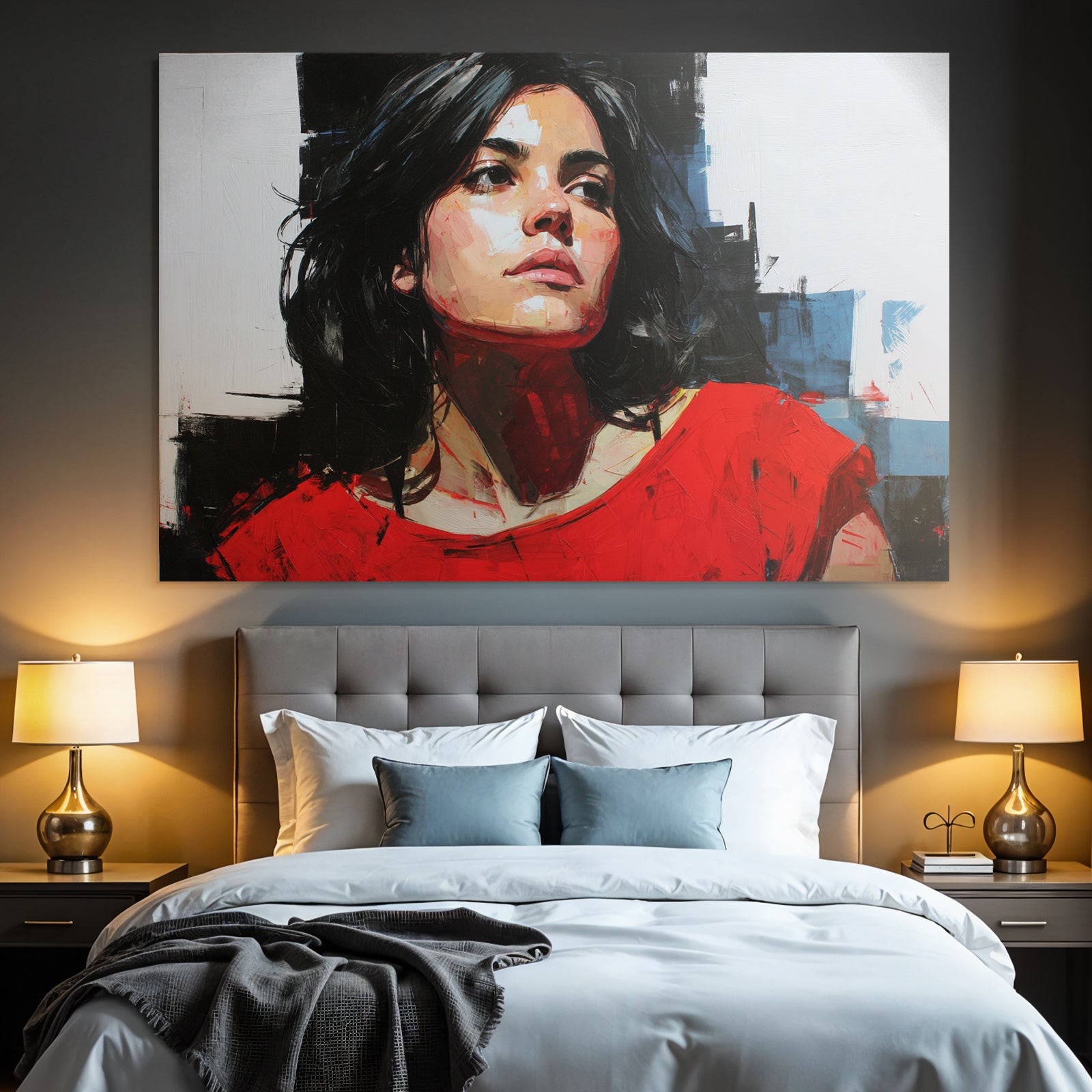 Portrait Frau Mit Dunklem Haar Rotem Shirt Abstrakter Hintergrund