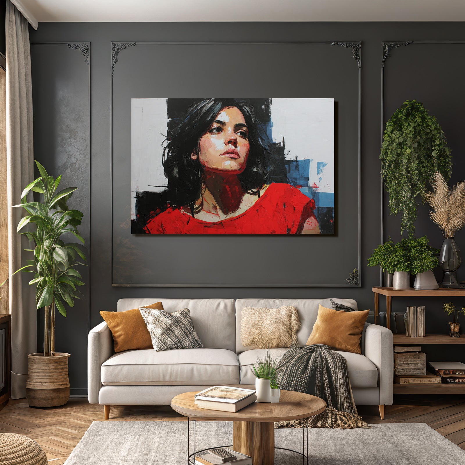 Portrait Frau Mit Dunklem Haar Rotem Shirt Abstrakter Hintergrund