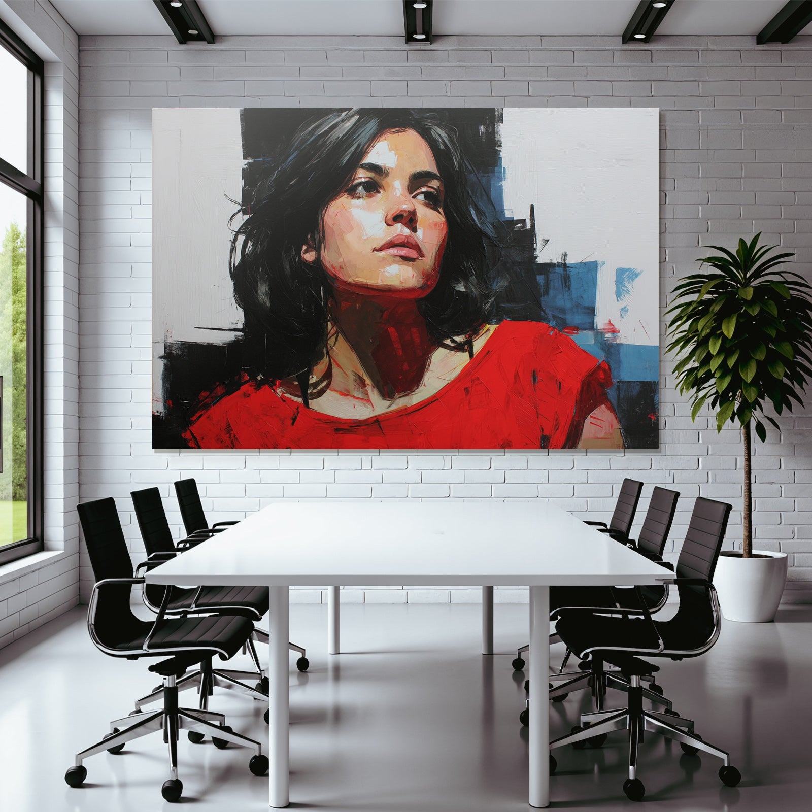 Portrait Frau Mit Dunklem Haar Rotem Shirt Abstrakter Hintergrund