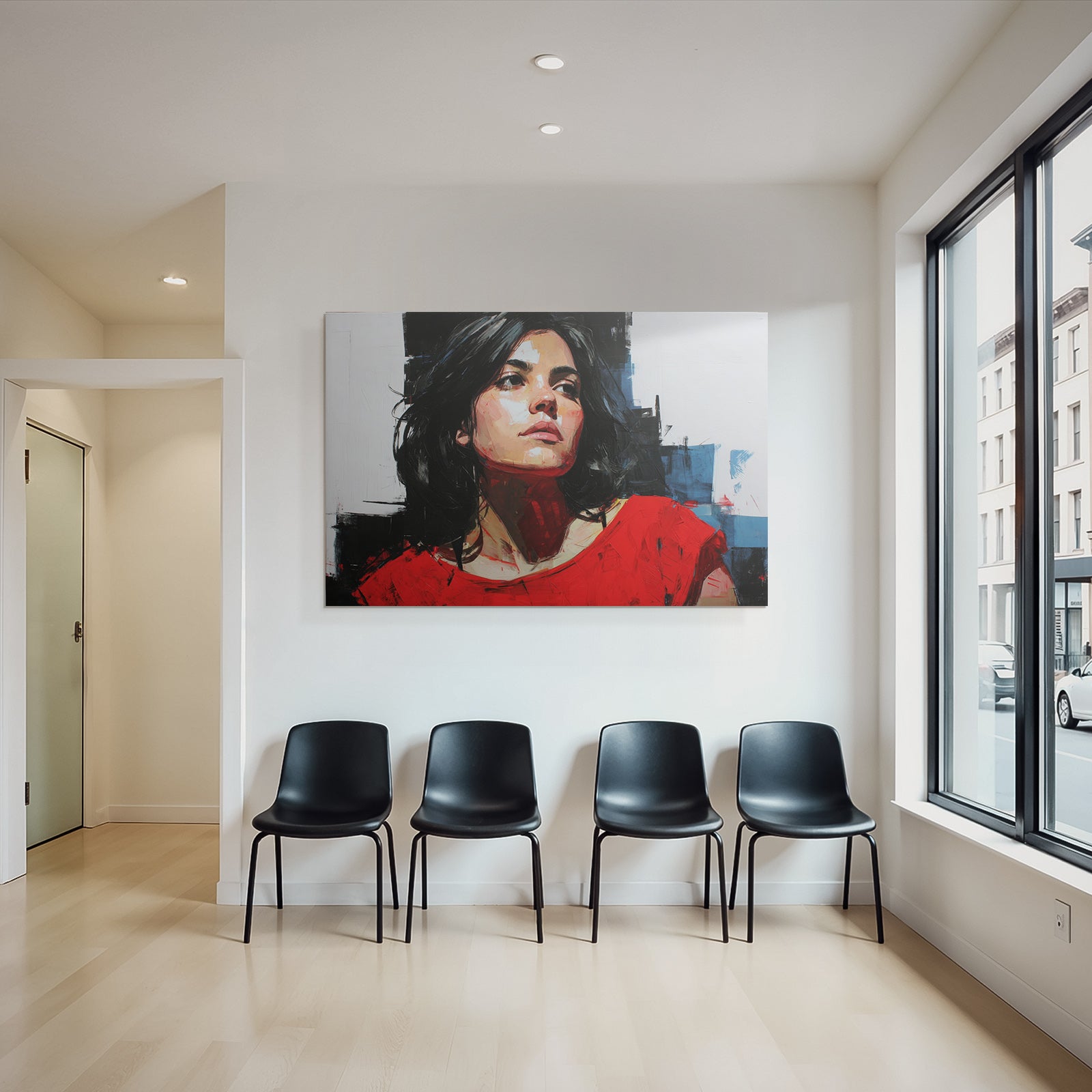 Portrait Frau Mit Dunklem Haar Rotem Shirt Abstrakter Hintergrund