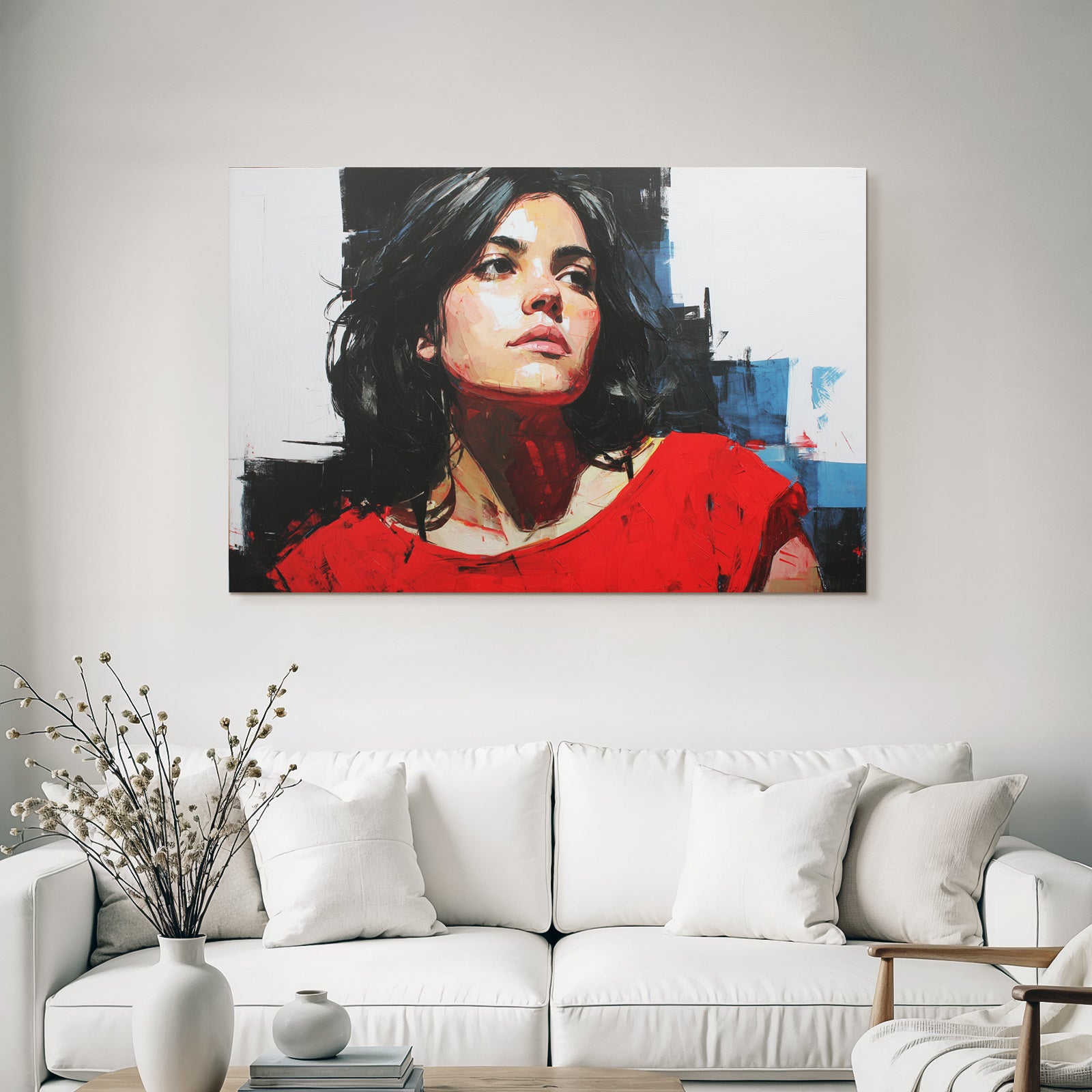Portrait Frau Mit Dunklem Haar Rotem Shirt Abstrakter Hintergrund