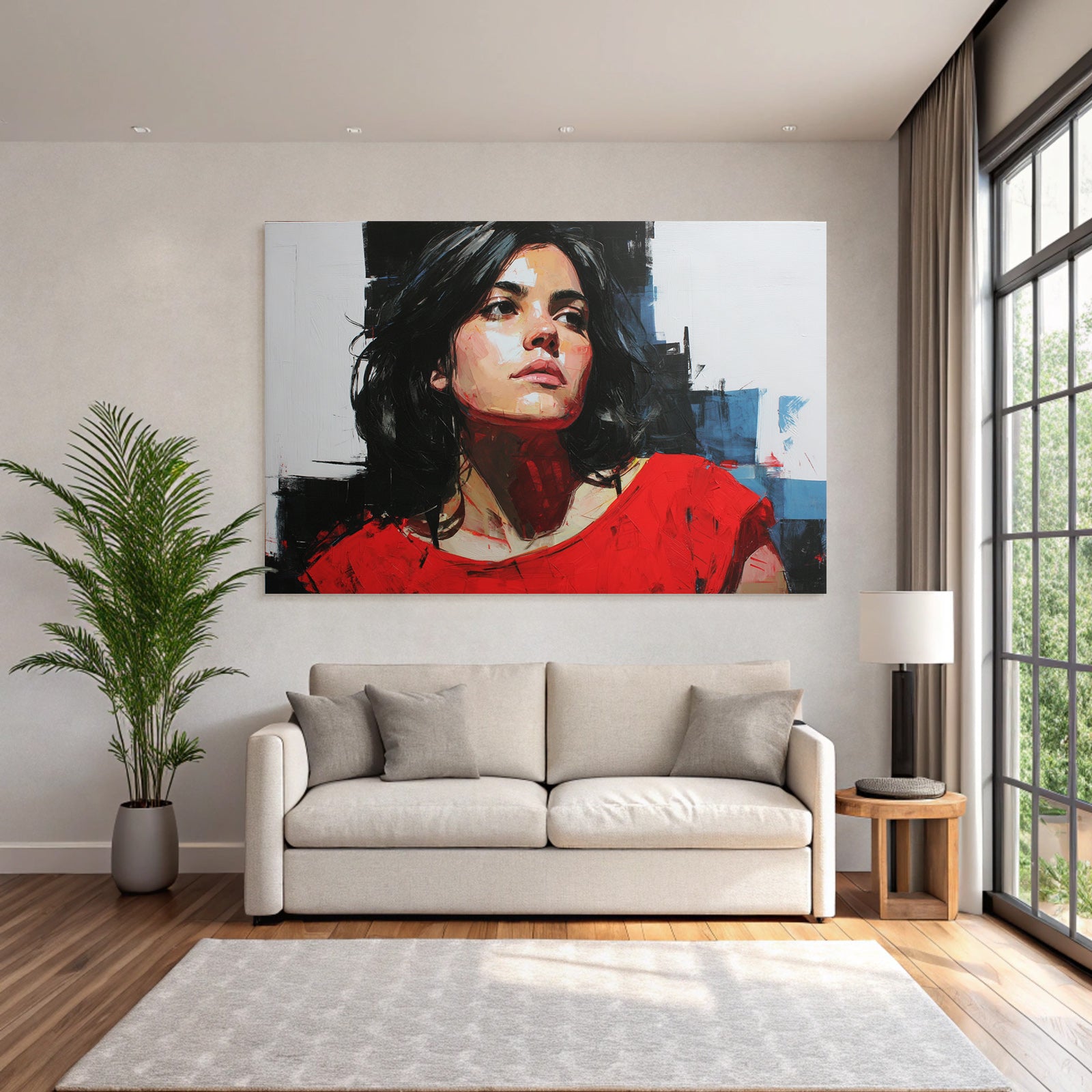 Portrait Frau Mit Dunklem Haar Rotem Shirt Abstrakter Hintergrund