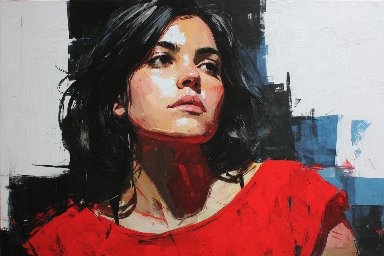 Portrait Frau Mit Dunklem Haar Rotem Shirt Abstrakter Hintergrund | Fine Art und Malerei | Kunstgattungen