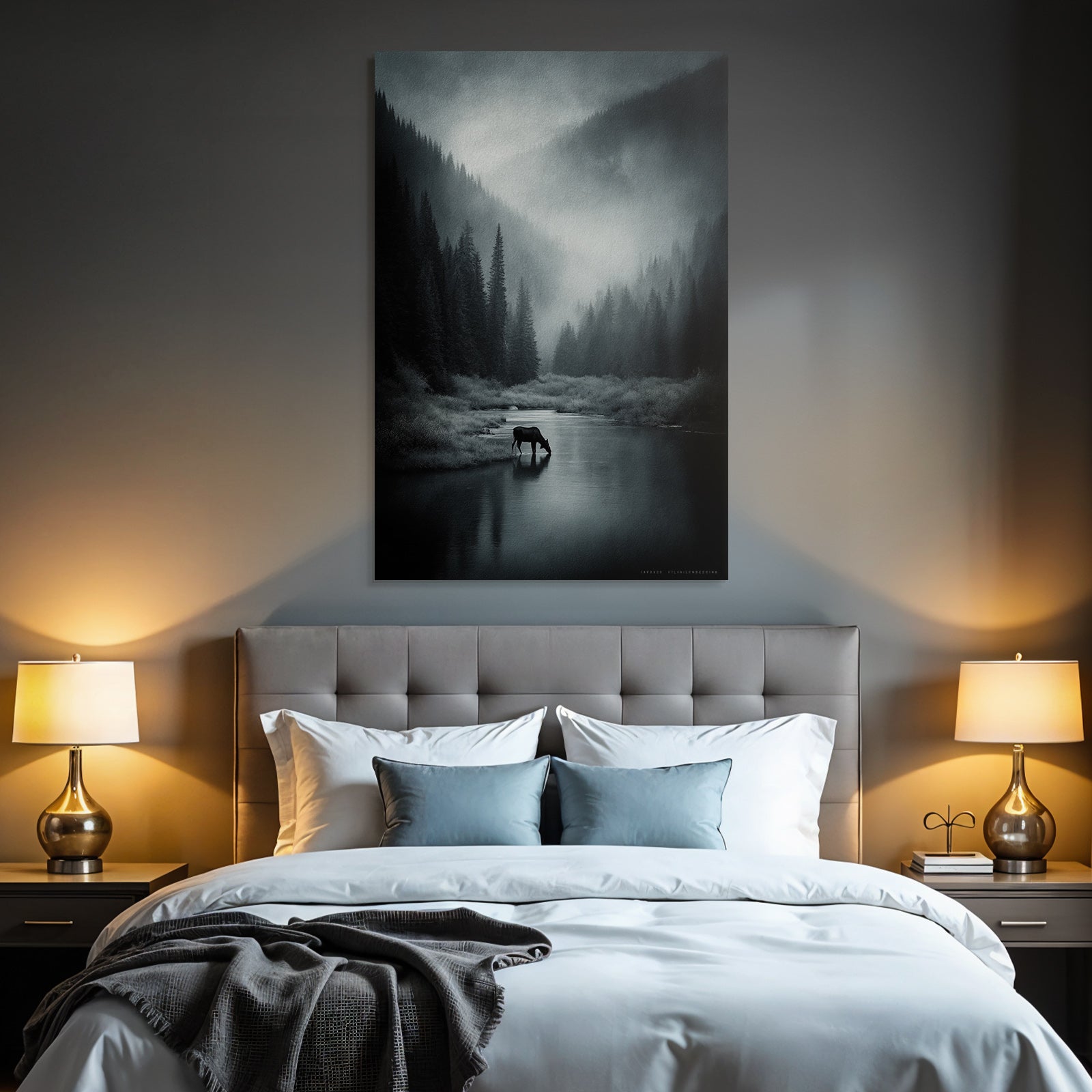 Landschaft Monochromatische Landschaft Mit Elch Und Fluss