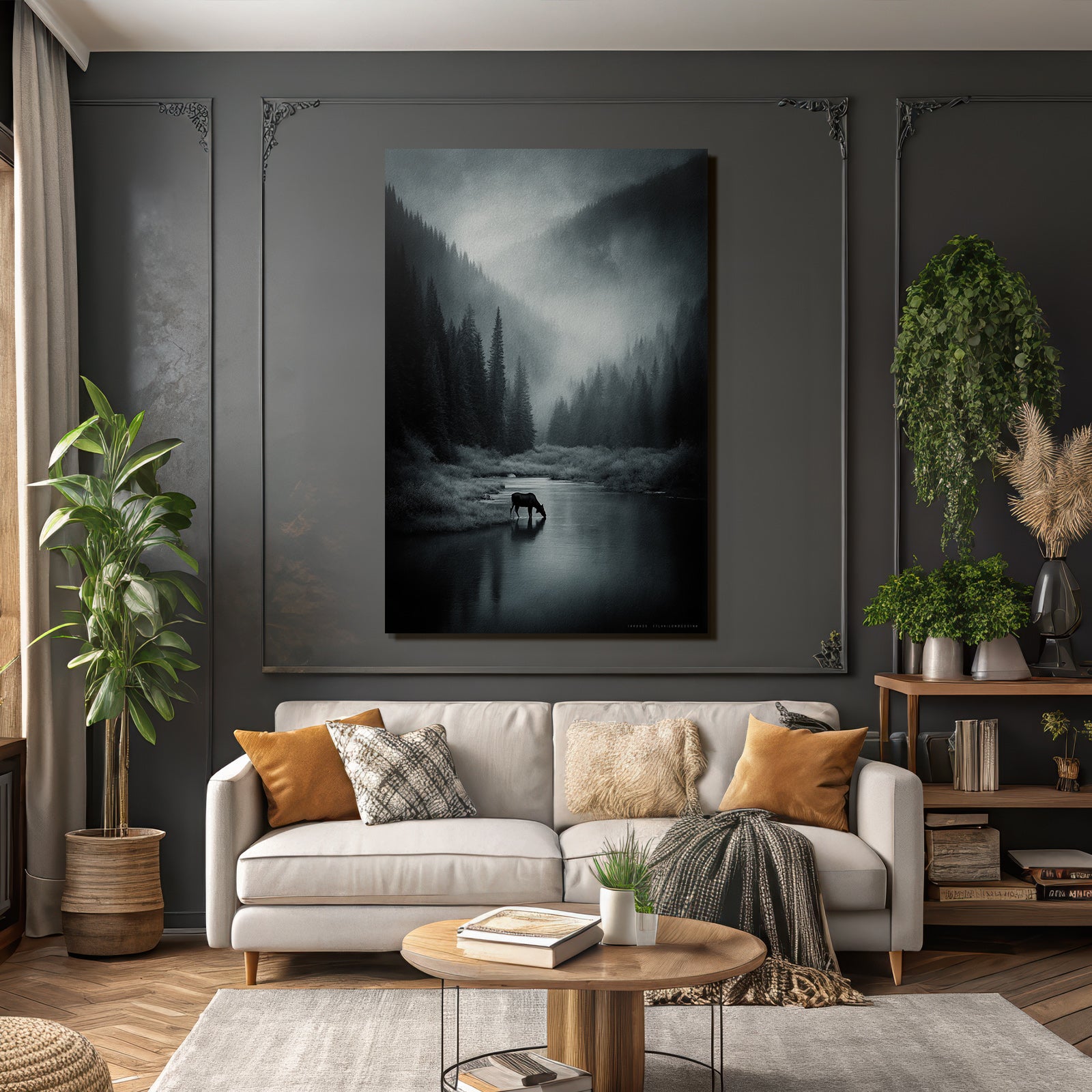 Landschaft Monochromatische Landschaft Mit Elch Und Fluss