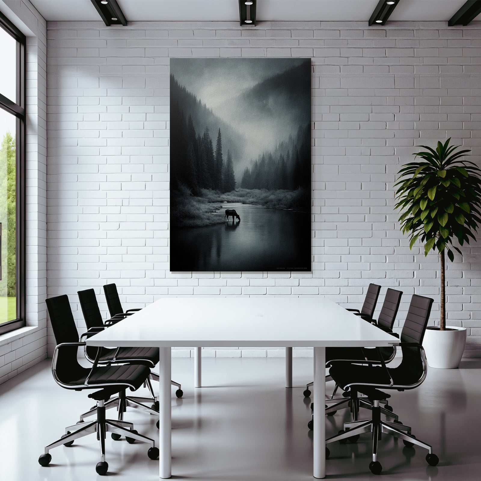 Landschaft Monochromatische Landschaft Mit Elch Und Fluss
