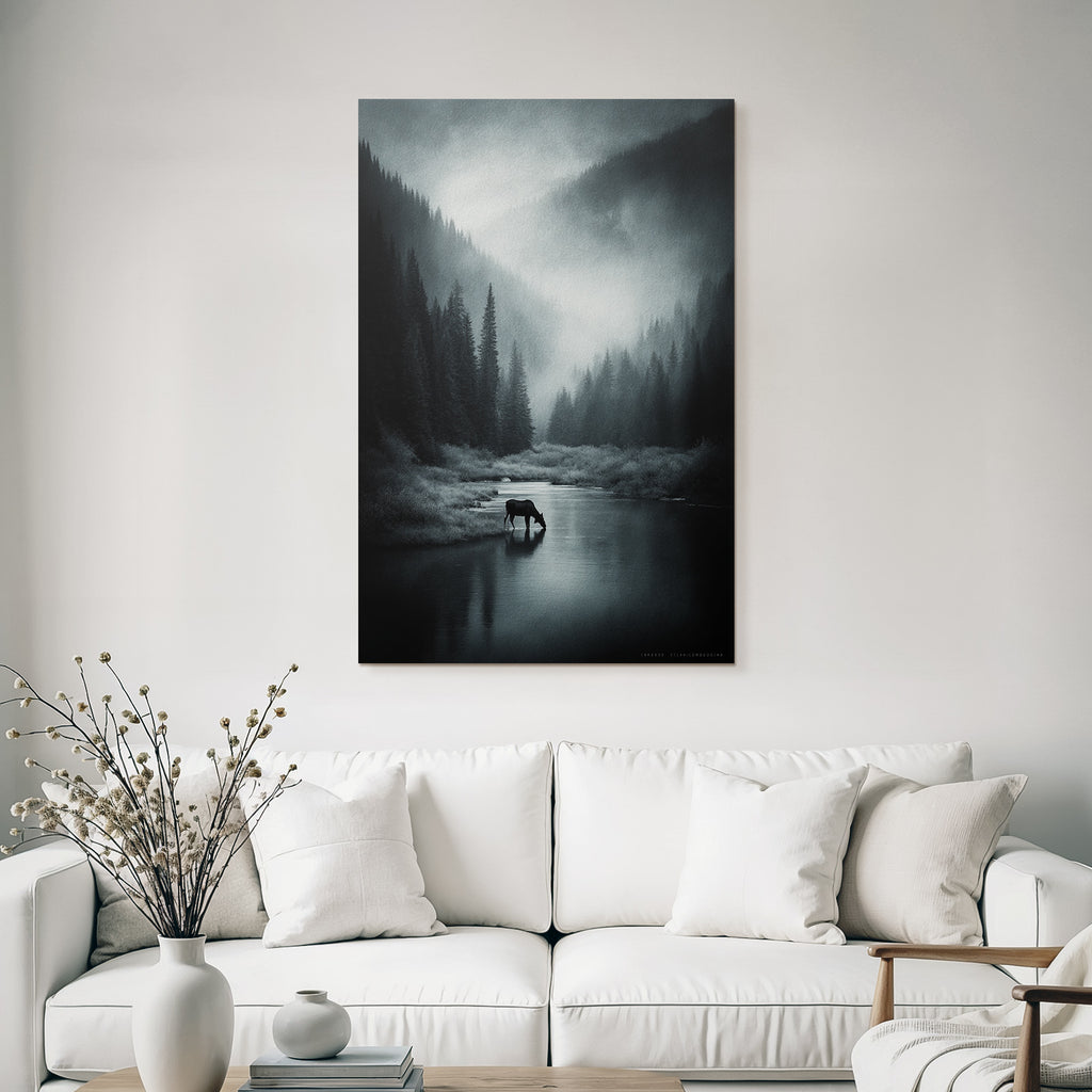 Landschaft Monochromatische Landschaft Mit Elch Und Fluss