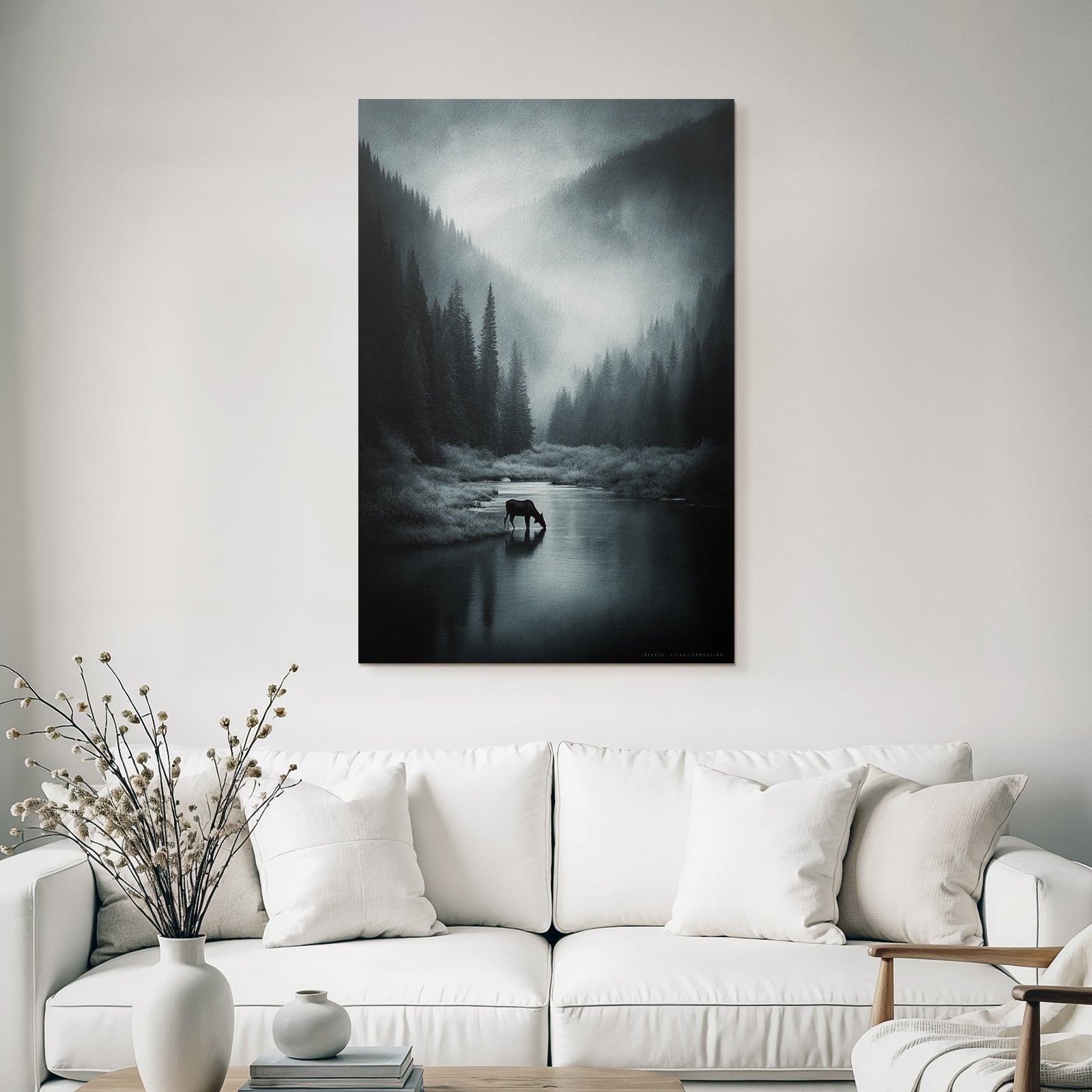 Landschaft Monochromatische Landschaft Mit Elch Und Fluss