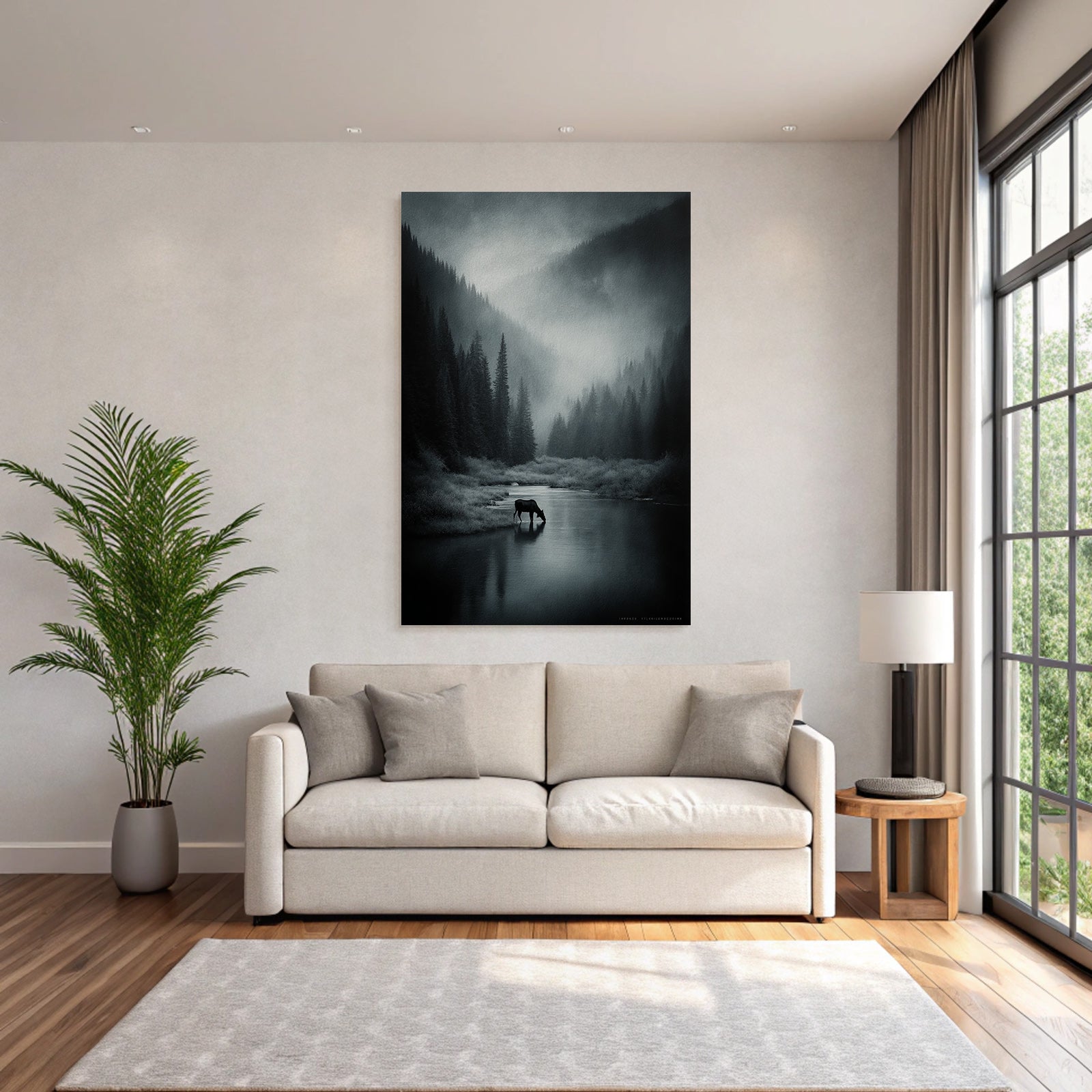 Landschaft Monochromatische Landschaft Mit Elch Und Fluss