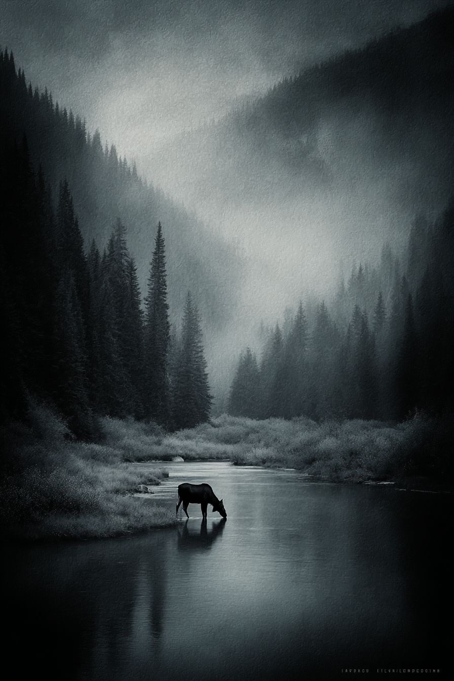  Landschaft Monochromatische Landschaft Mit Elch Und Fluss | Fotografie | Kunstgattungen