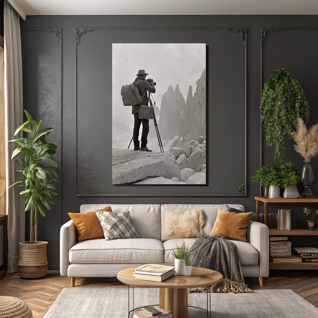 Bergfotograf Mit Rucksack Auf Felsplatte